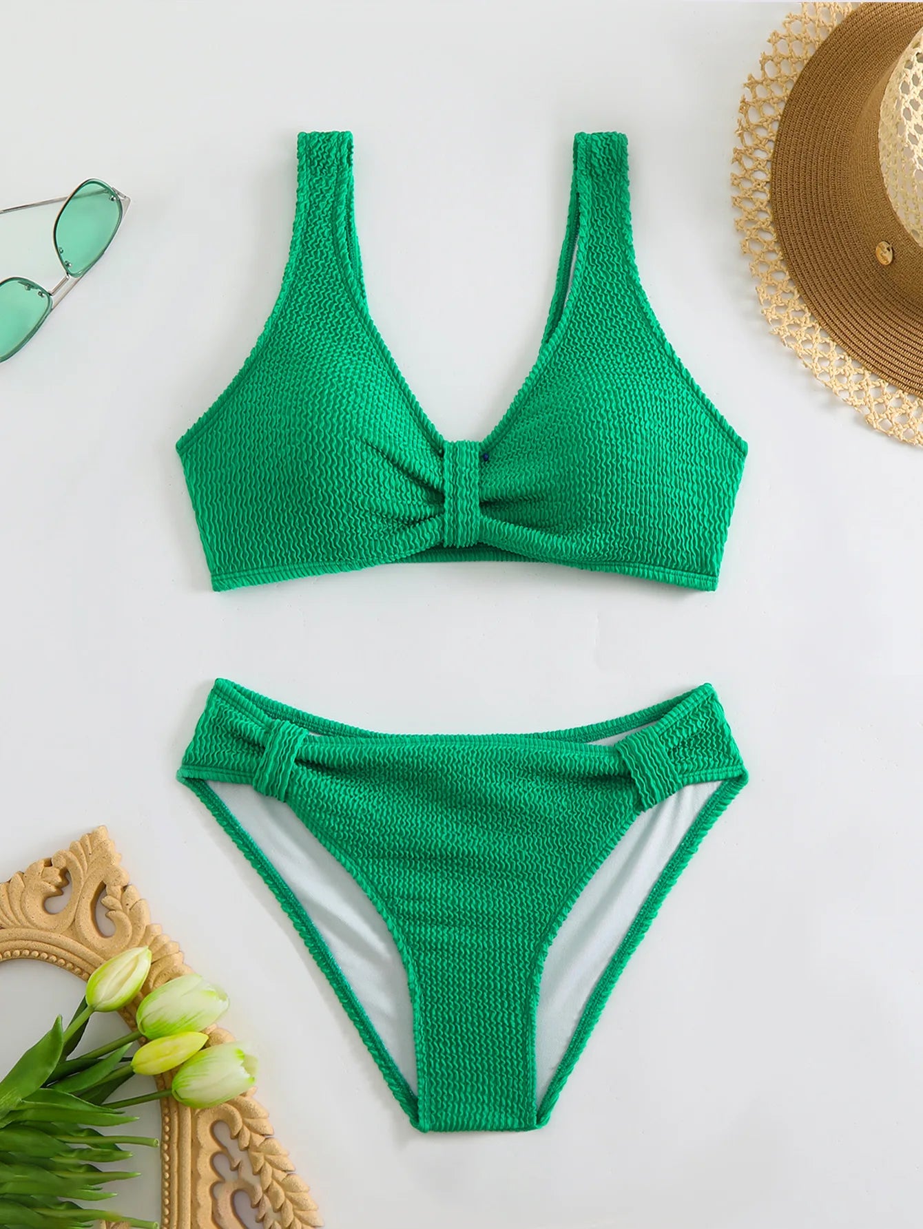 Women's 2PCS Swimsuit Solid Color High Waist Bikini Set V-Neck Backless Beachwear