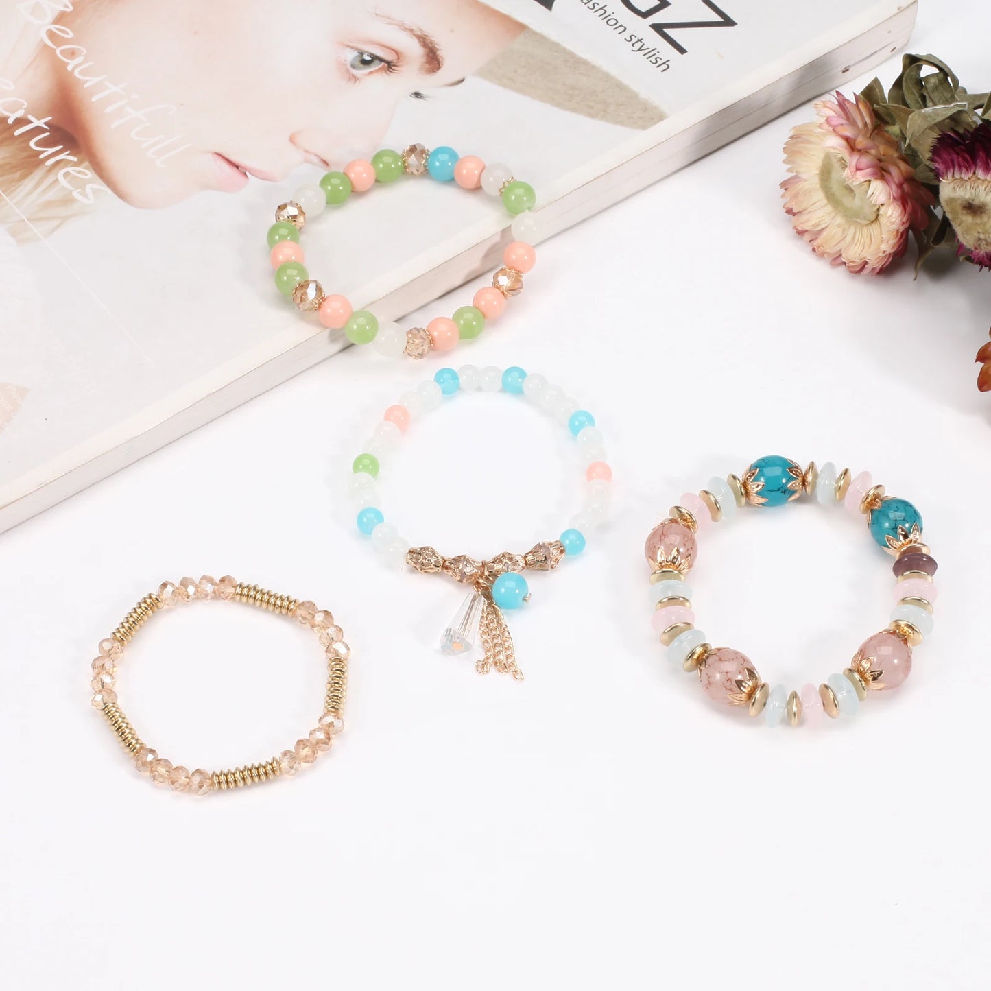 Women Multilayered Bracelet Pendant Charm Stretch Bangles