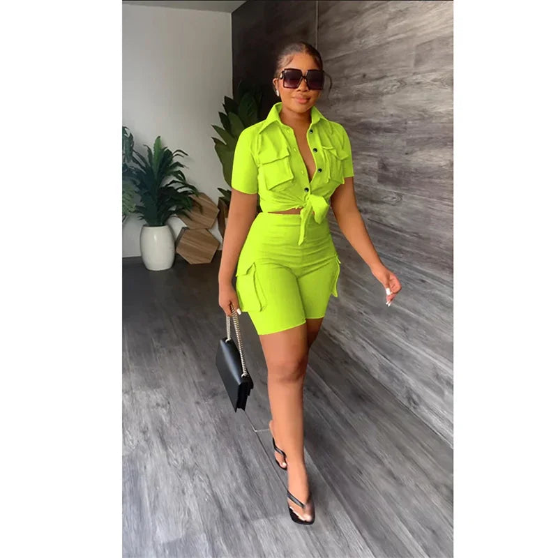 Women' Streetwear 2PCS Summer Outfit Pockets Short Sleeve Button-Up Shirt Top