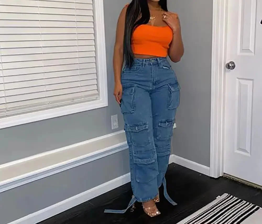 Europe and The United States High-Waisted Multi-Pocket Long Jeans, Women's Spring and Autumn New Trend Loose Splice Cargo Jeans
