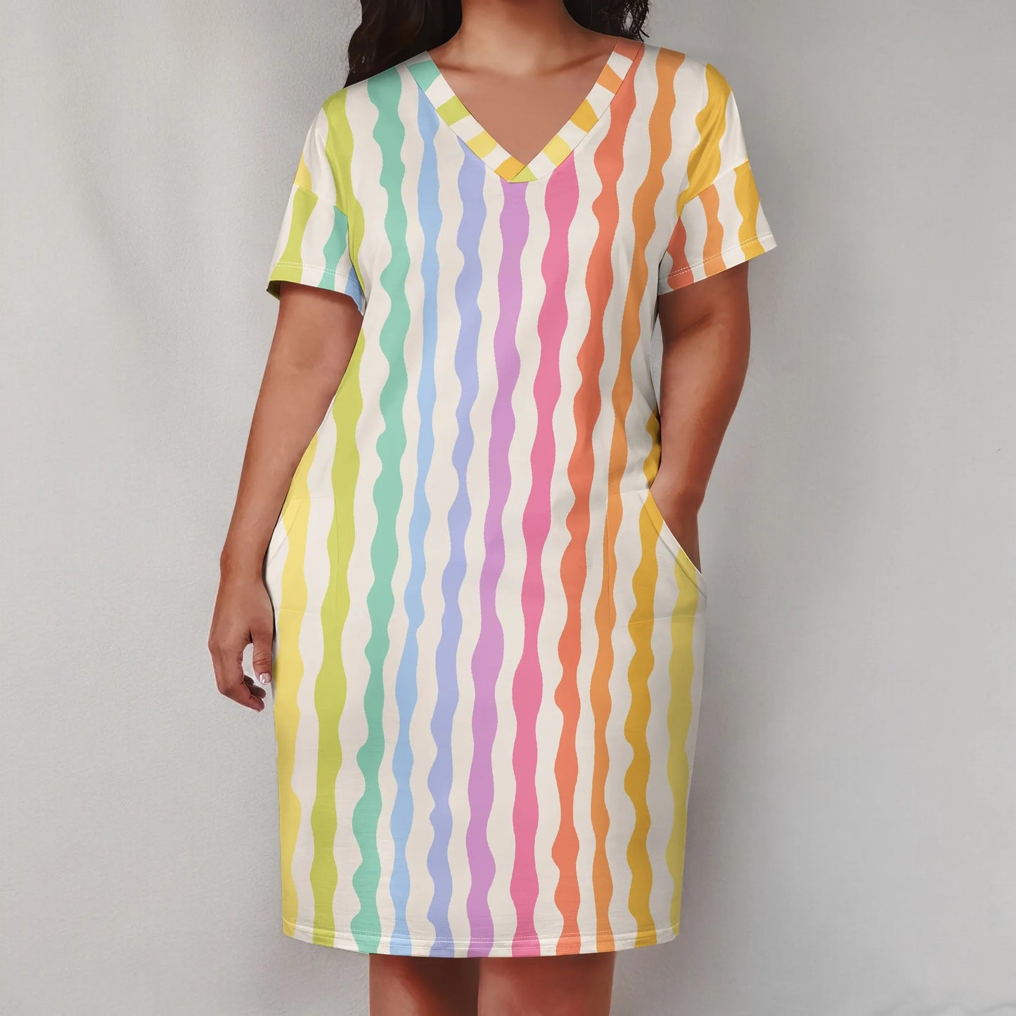 Plus Size Summer Dress for Curvy Women V Neck Short Sleeve Boho Beach T Shirt Dress