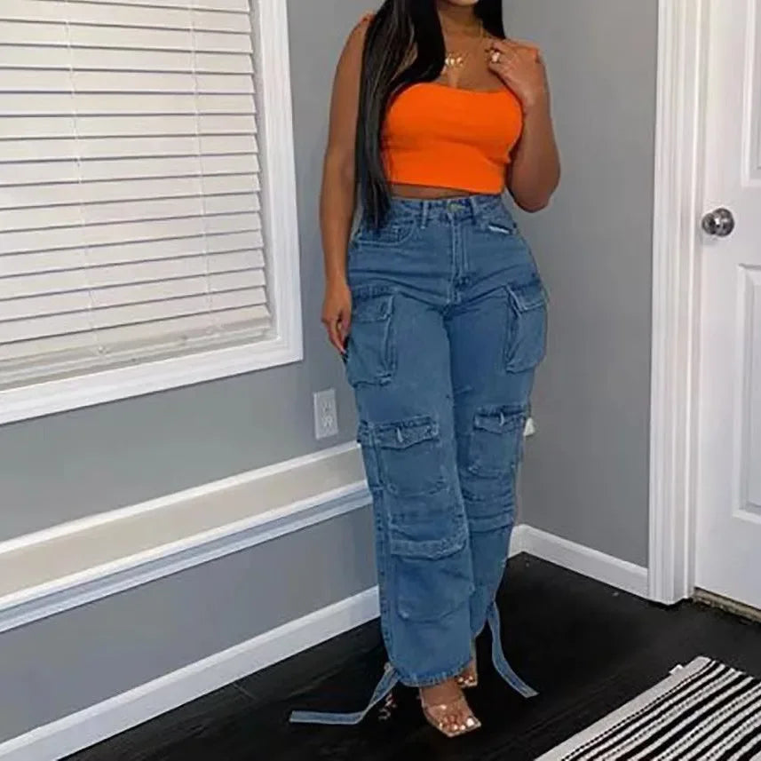 Europe and The United States High-Waisted Multi-Pocket Long Jeans, Women's Spring and Autumn New Trend Loose Splice Cargo Jeans